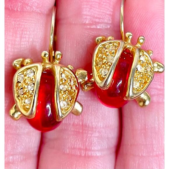 Ladybug Red Jelly Belly Gold Tone Rhinestone Thread Hoop Earrings - Picture 1 of 3